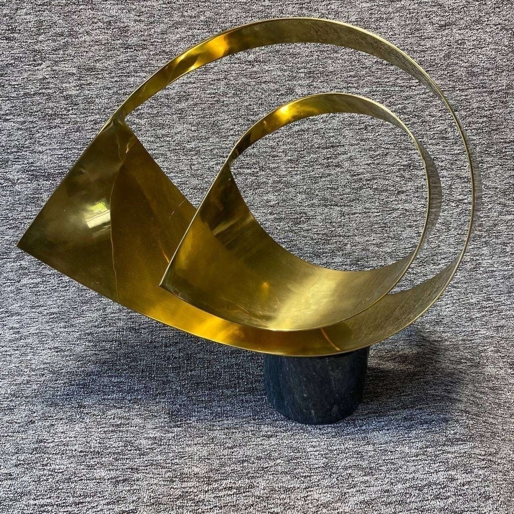 Vtg 1987 Curtis Jere Abstract Brass Kinetic Ribbon Sculpture Marble Base C Jere